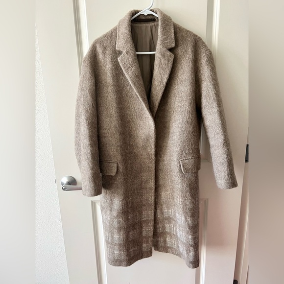 All Saints Wool Long Single-breasted Tan Tweed Straight Trench Coat - Picture 1 of 7